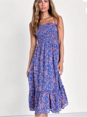Precious Personality Blue Floral Smocked Backless
Midi Dress